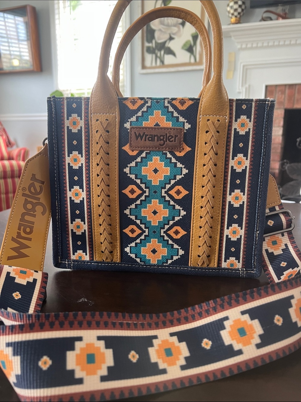 Wrangler Navy, Teal & Tan Aztec-Pattern Tote